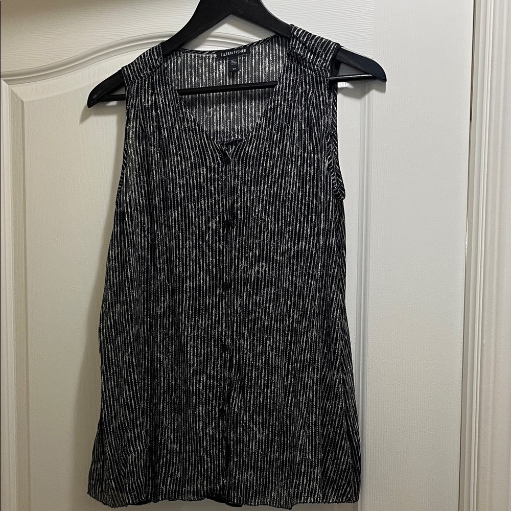 Eileen Fisher 100% Silk Black and White Striped Front Button Tank Top